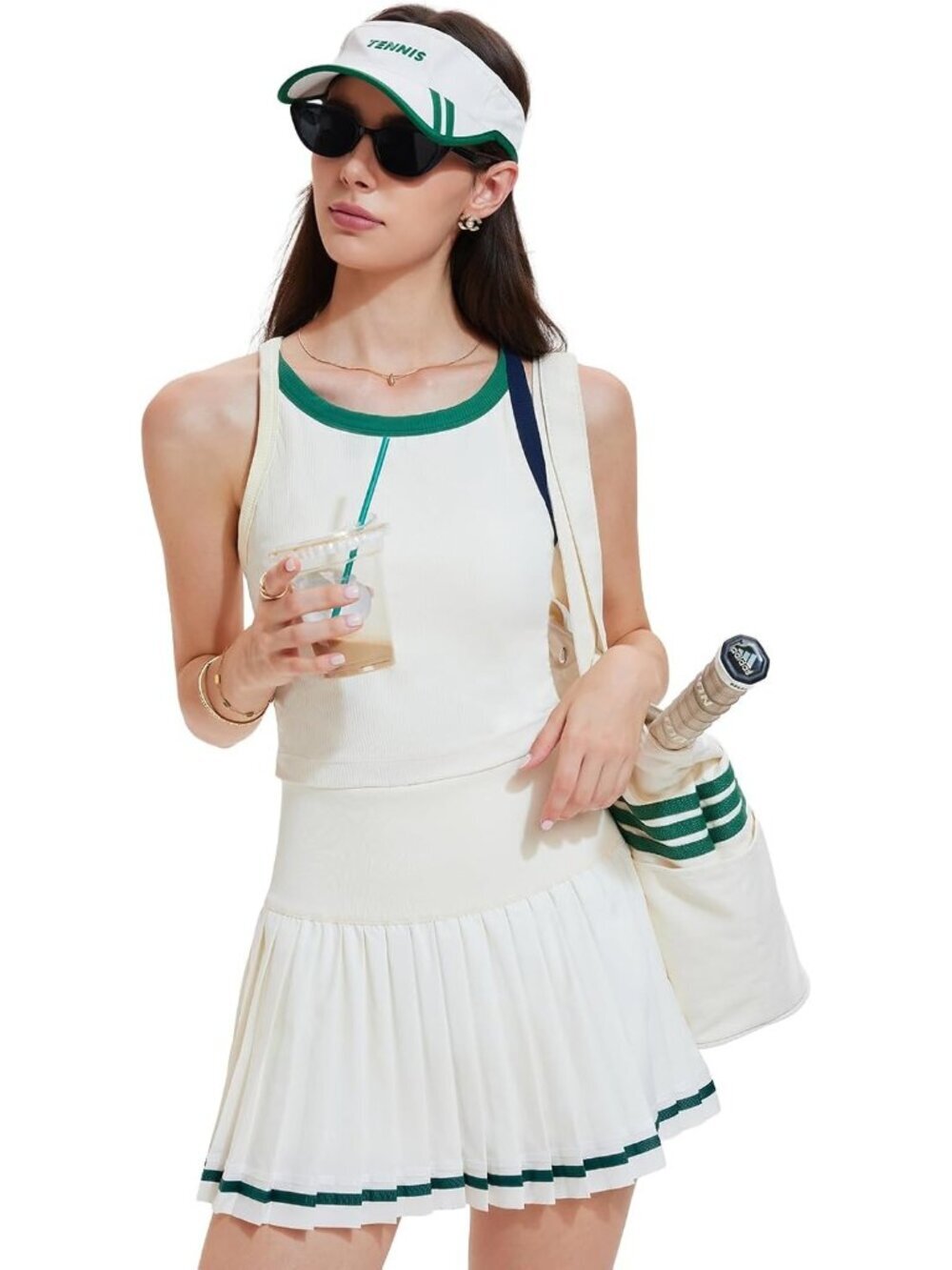 〽️Women Cream White 2 Piece Racer Back Tennis Skirt Tank Top Pull On Golf Dress